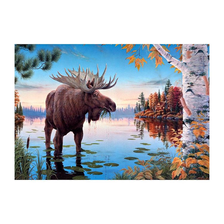 Lakeside Elk Round Full Drill Diamond Painting 40X30CM(Canvas)-gbfke