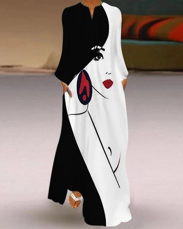 fashion figure print contrast autumn maxi dress p555234