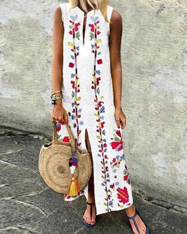Printed Round Neck Sleeveless Plus Size Maxi Dresses