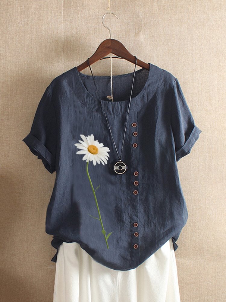 Daisy Flower Print Short Sleeve O-neck T-shirt For Women