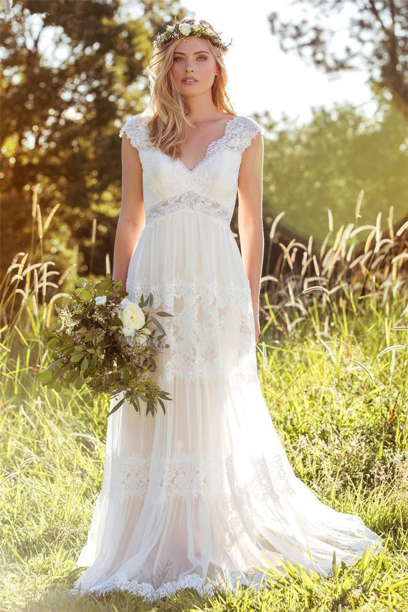 Boho Wedding Dresses Lace Open Back Cap 