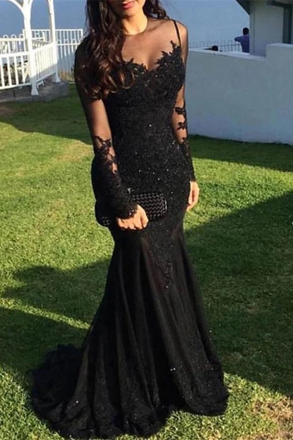 Luluslly Black Long Sleeves Mermaid Evening Dress Lace Appliques
