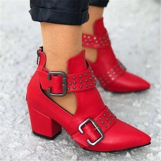 Women Cut Out Booties Rivet Buckle Strap Back Zipper Leather Stitch Ankle Casual Boots Female Shoes-Corachic