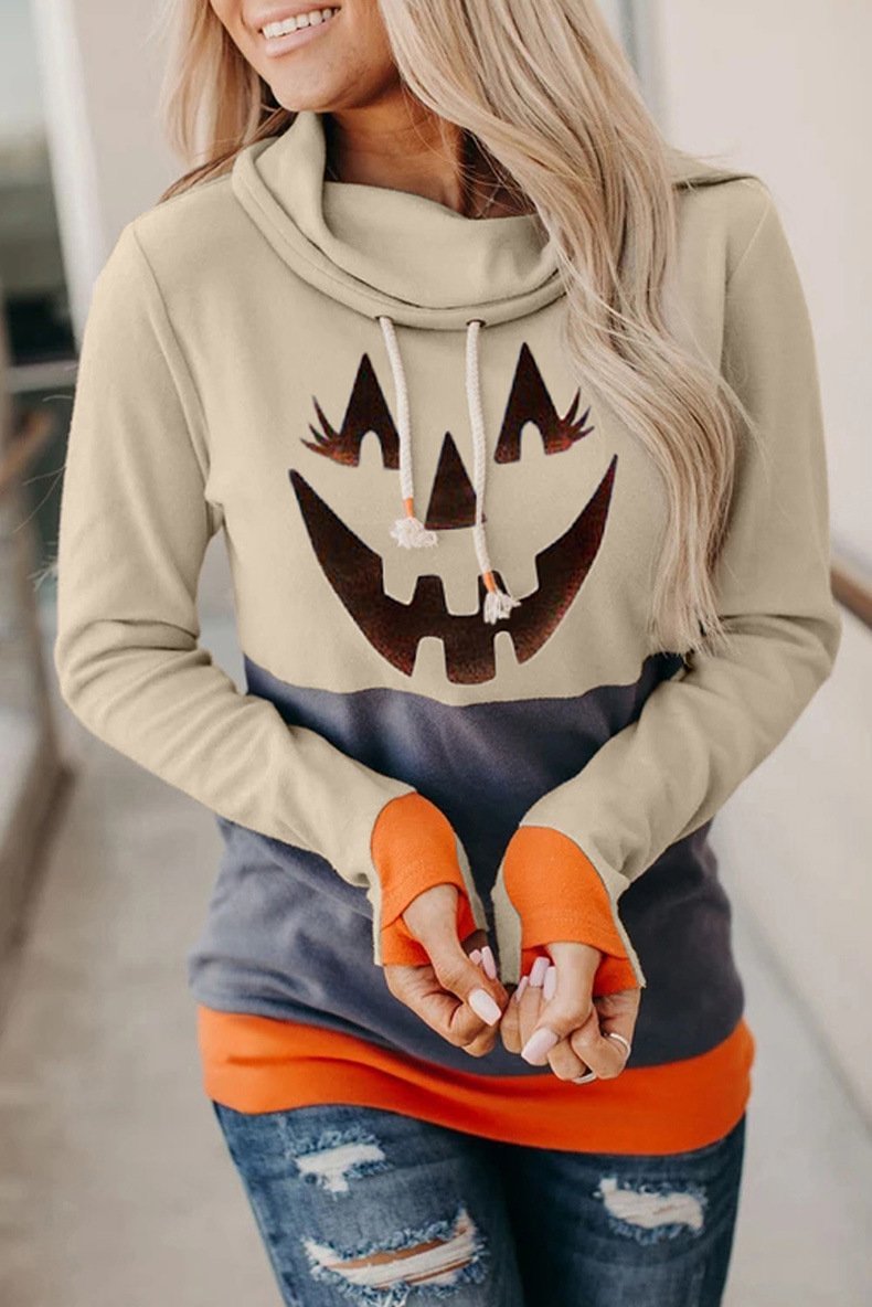 Women'S Scarf Halloween Pumpkin Pattern Printing Long Sleeve Sweater