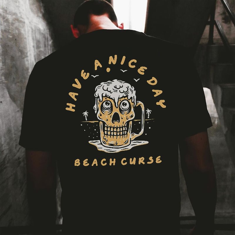 Cloeinc  Beach Curse Skull Head Glass Of Beer Print Casual T-shirt - Cloeinc