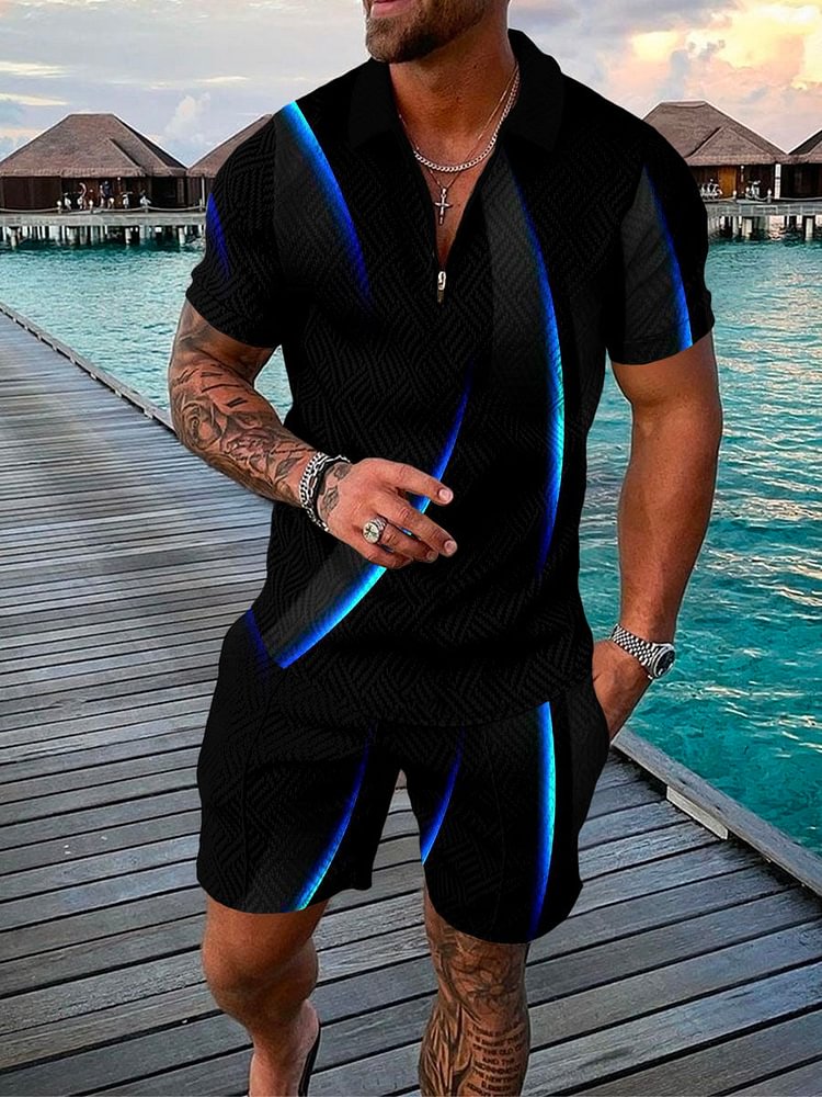Men's Seaside Casual Contrast Color Printed Polo Suit