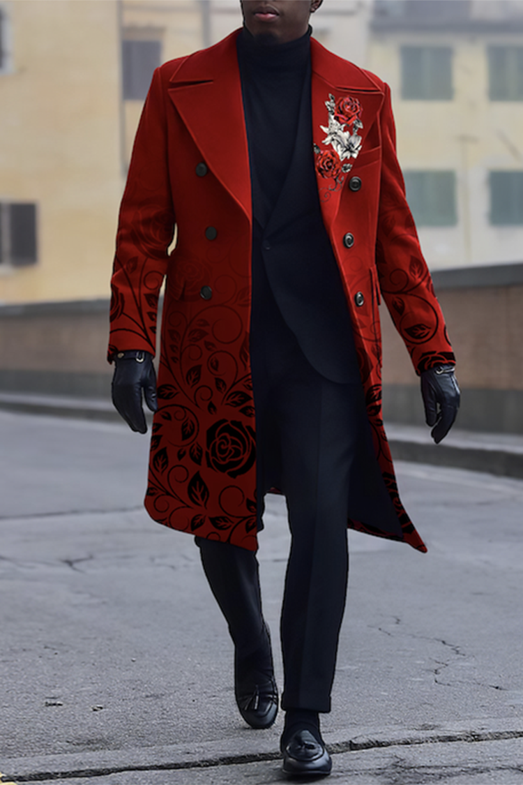 Tiboyz Fashion Men's Rose Floral Mid Length Coat