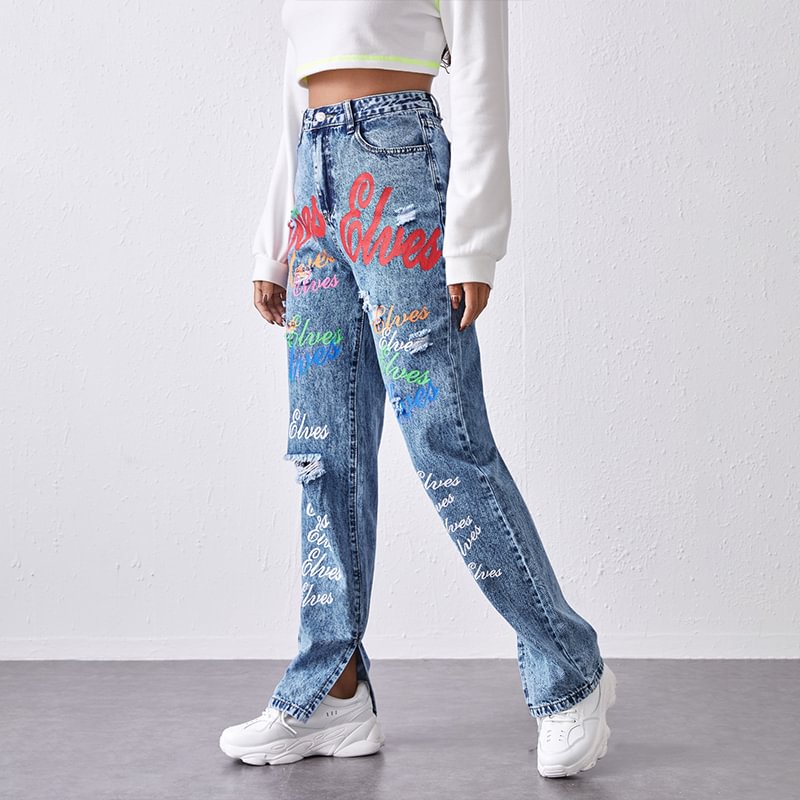 Minnieskull Colored Letters Printed Women's Casual Stretch Straight Jeans - Minnieskull