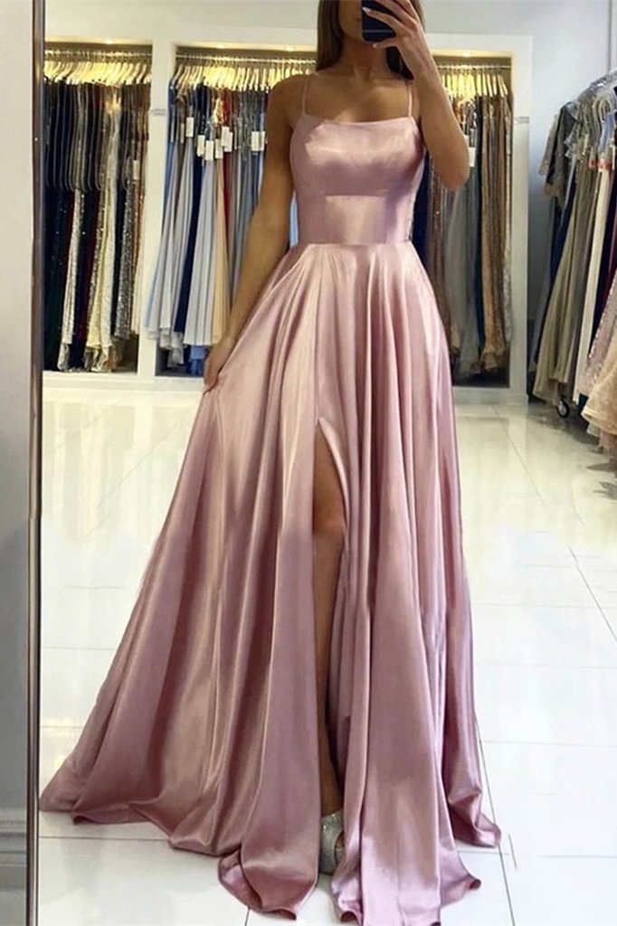 Luluslly Spaghetti-Straps Pink Long Prom Dress With Slit