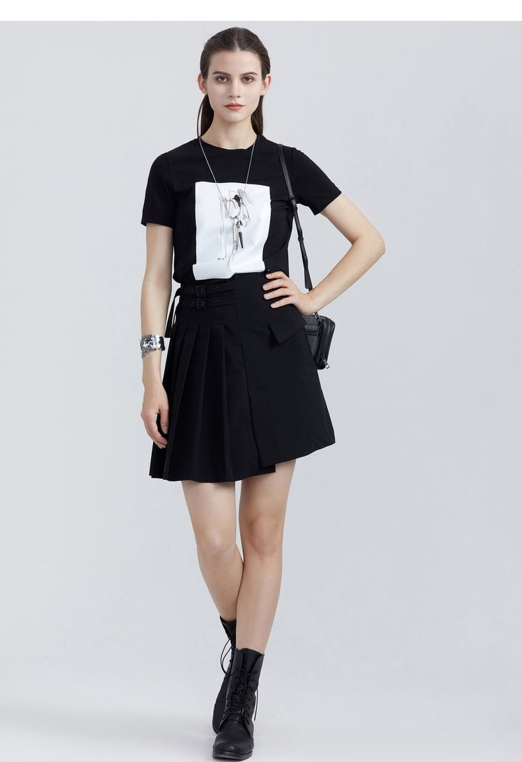 SDEER Casual round neck pleated lace black T-shirt