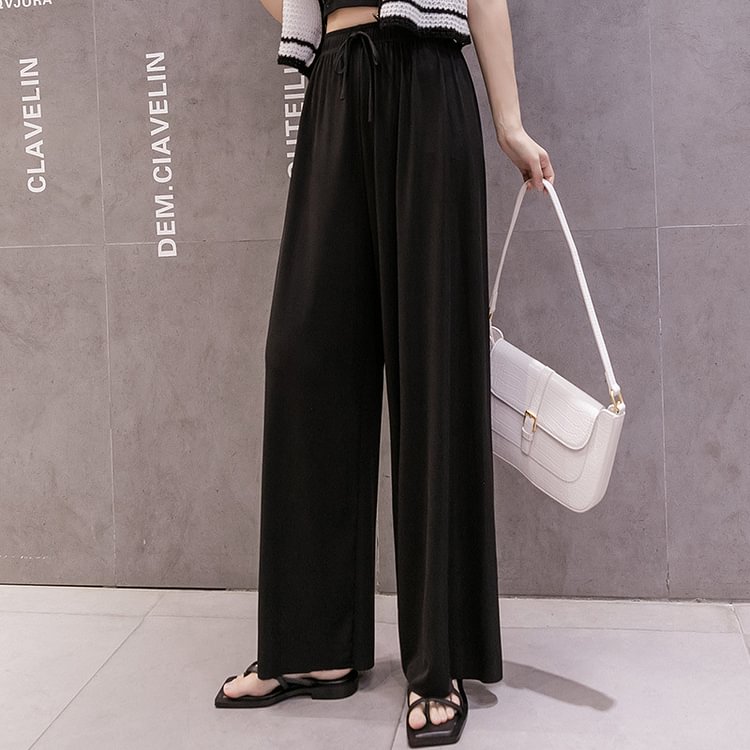 Women's Ice Silk Wide Leg Pants Large Size Plus Fat Vertical Feeling Straight Tube Loose And Thin Nine Point Casual Pants