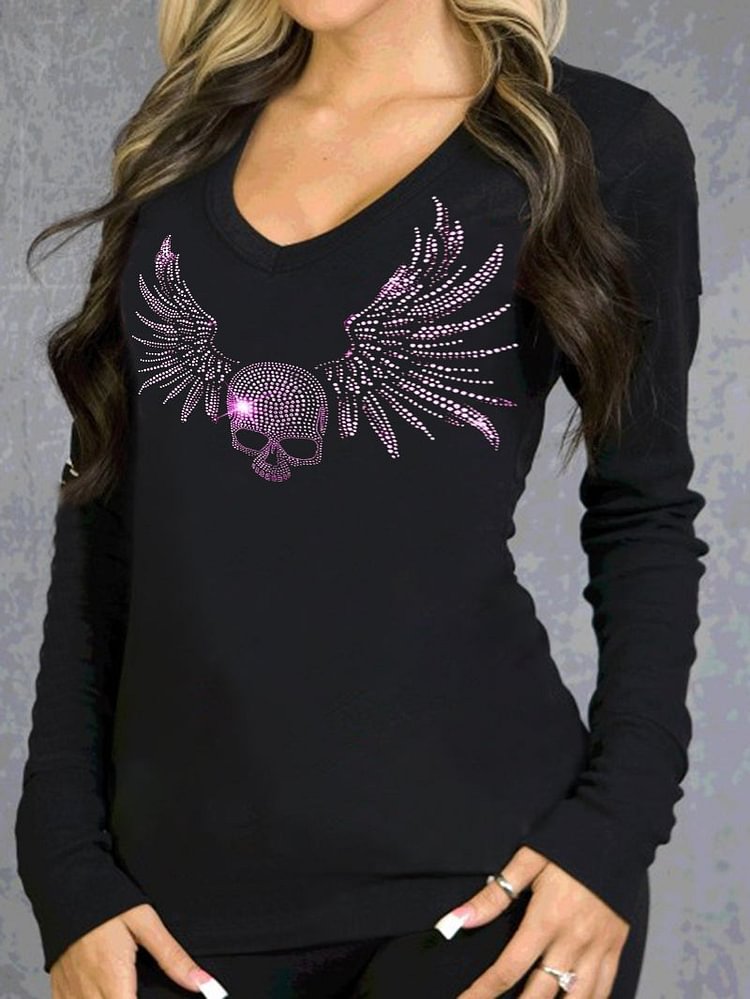 Punk Shiny Skull Wings Print T-Shirt