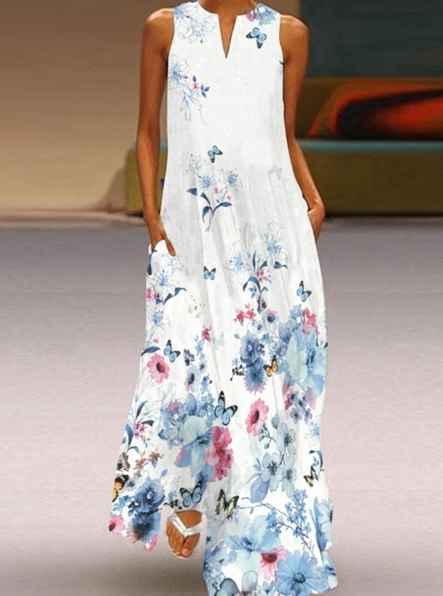 V-neck Summer Fashion Sleeveless Printed Dress-Corachic