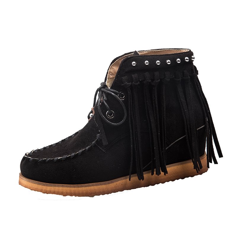 Women's shoes round toe fringed rivet lace-up ankle boots - vzzhome