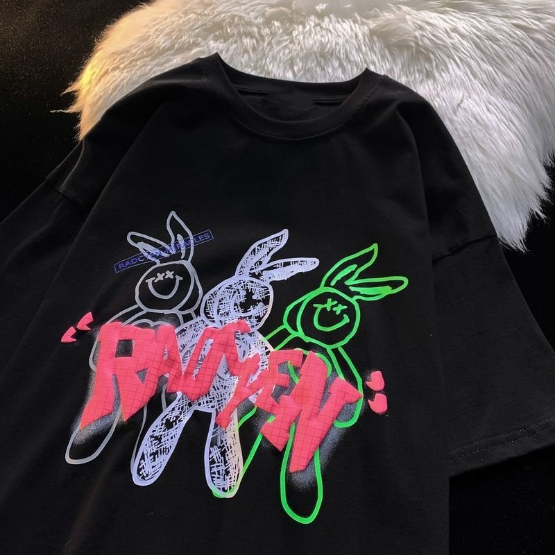 Doodle Rabbit Neon Printed T-Shirt / Techwear Club / Techwear