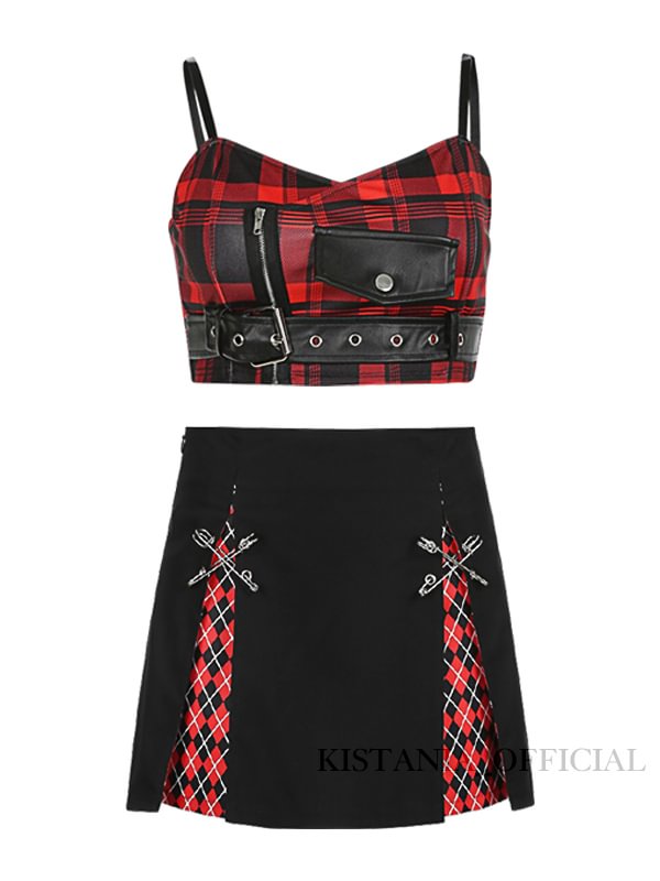 Zipper Decoration Stretchy Lattice Punk Top+Dark College A-Line Mini Skirts