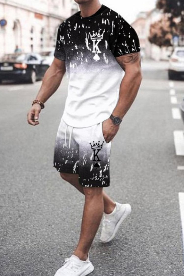Tiboyz Trendy Casual Gradient Outfits T-Shirt And Shorts Two Piece Set