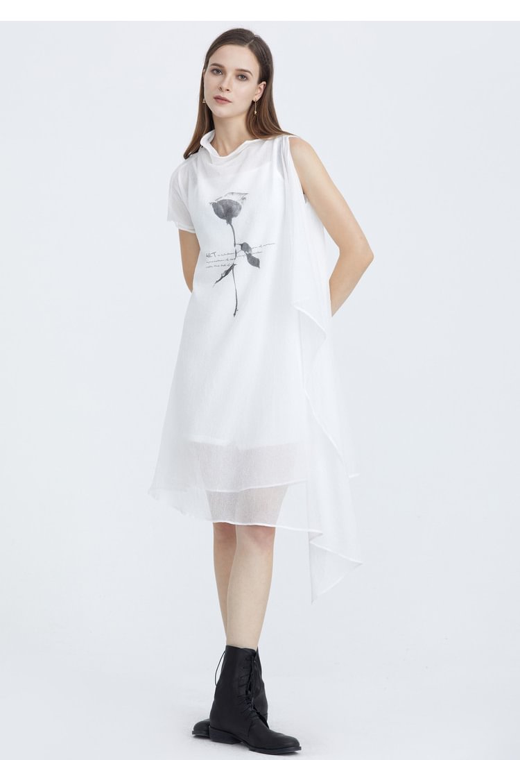 SDEER Simple printed two-piece short-sleeved dress with suspenders