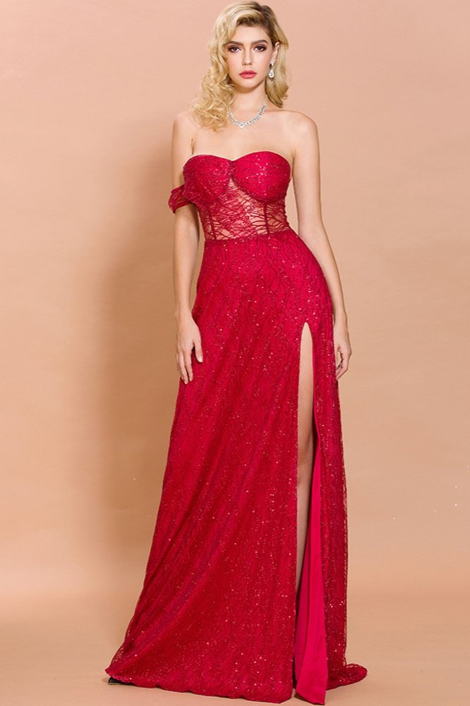 red sweetheart sequins long prom dress with sequins