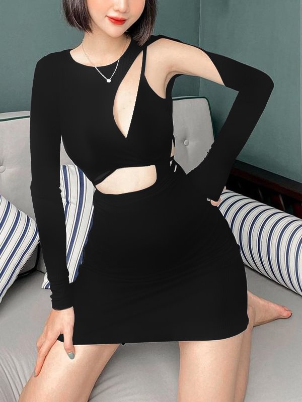 Sexy Cutout Black Asymmetrical Off The Shoulder Long Sleeve Bodycon Dress