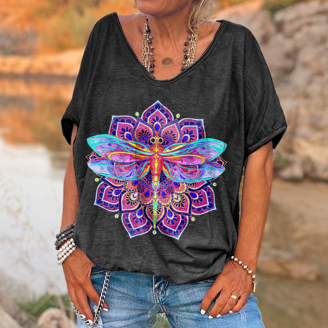 Colorful Mandala Dragonfly Printed Hippie T-shirt