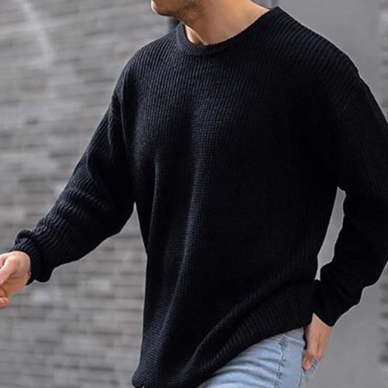 Men's Loose Pullovers Casual White Black Knitted Crew Neck Sweaters-VESSFUL