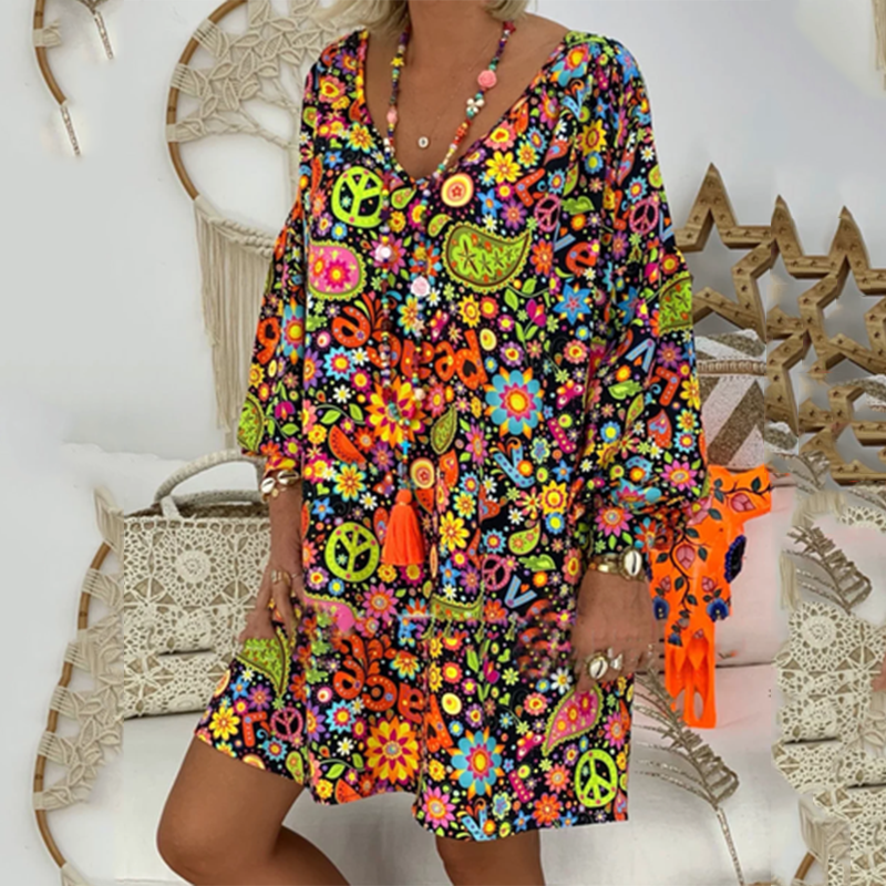2021 Spring And Summer New Women's V-neck Printed Peace Floral Oversized Long Dress