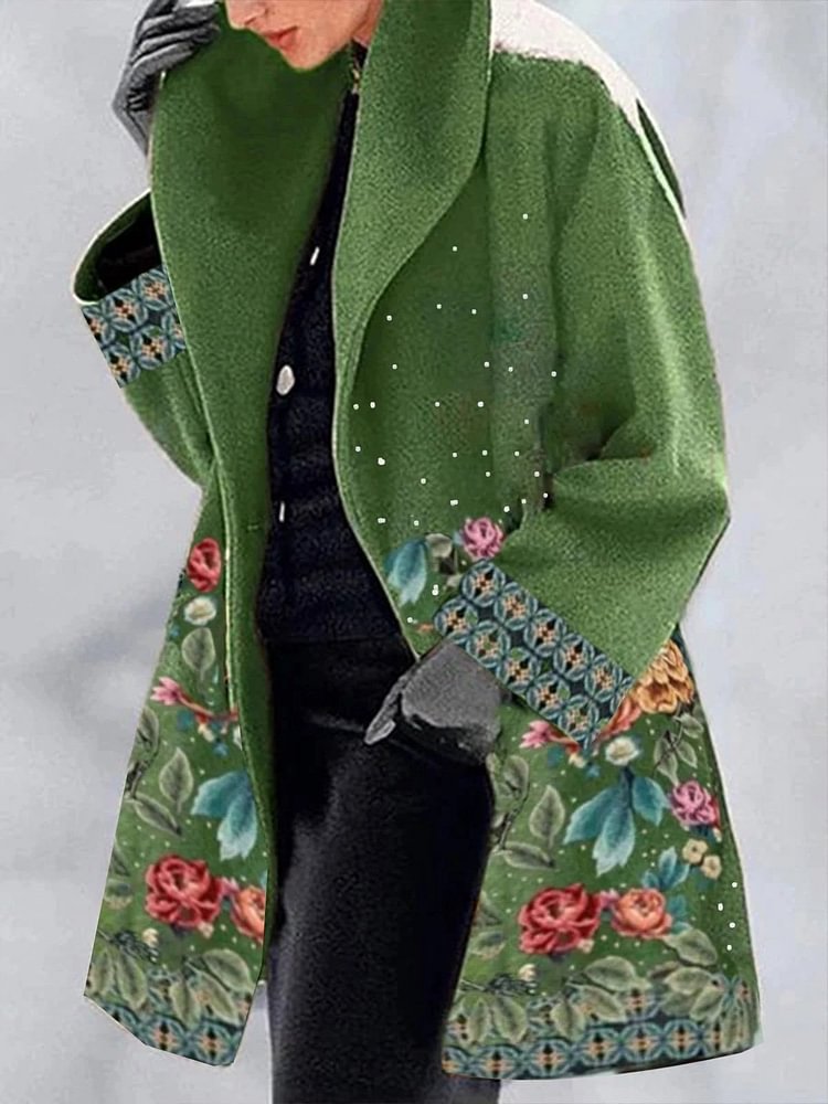 Mayoulove Green women flower pattern coat-Mayoulove