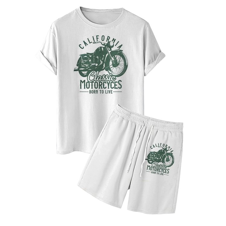 BrosWear White Motorcycle Print T-Shirt And Shorts Two-Piece Set