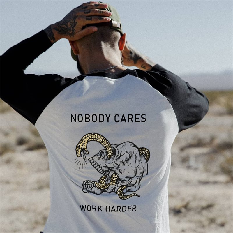 UPRANDY Nobody Cares Work Harder Snake Through Skull Printed Men's Long-sleeved T-shirt -  UPRANDY