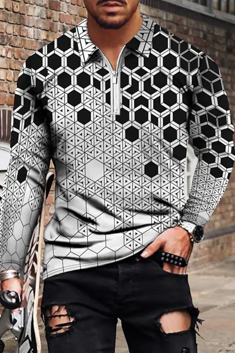 Tiboyz Honeycomb Pattern Casual Long Sleeve Polo Shirt