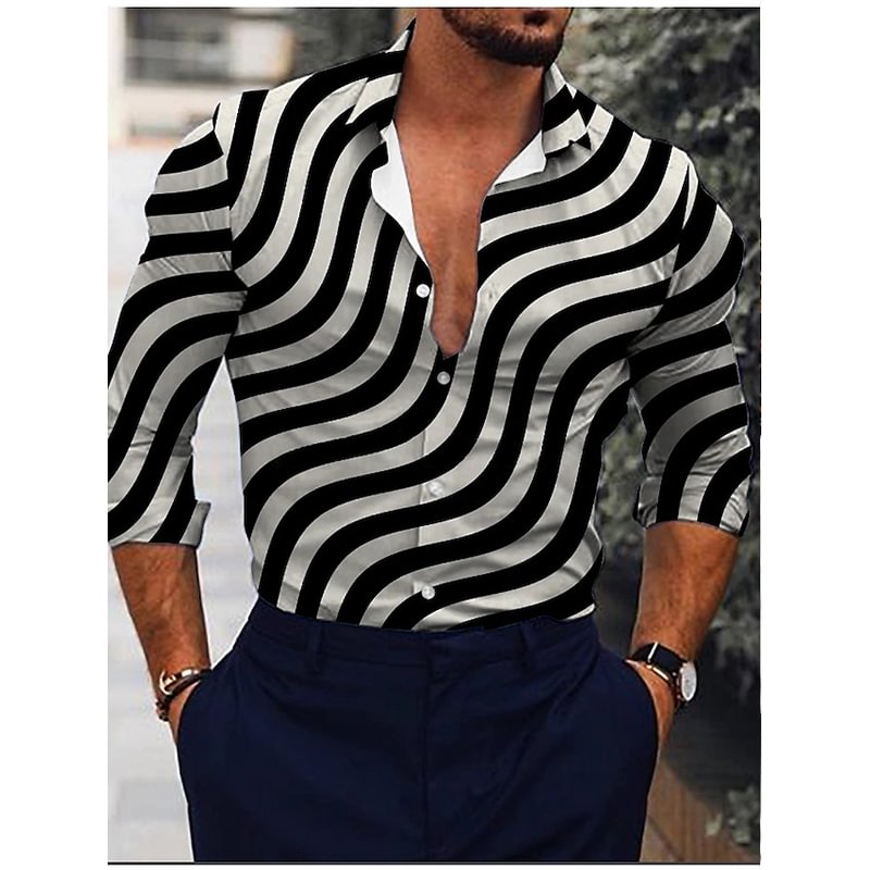 Zebra Stripes Print Casual Men's Long Sleeve Shirts-VESSFUL