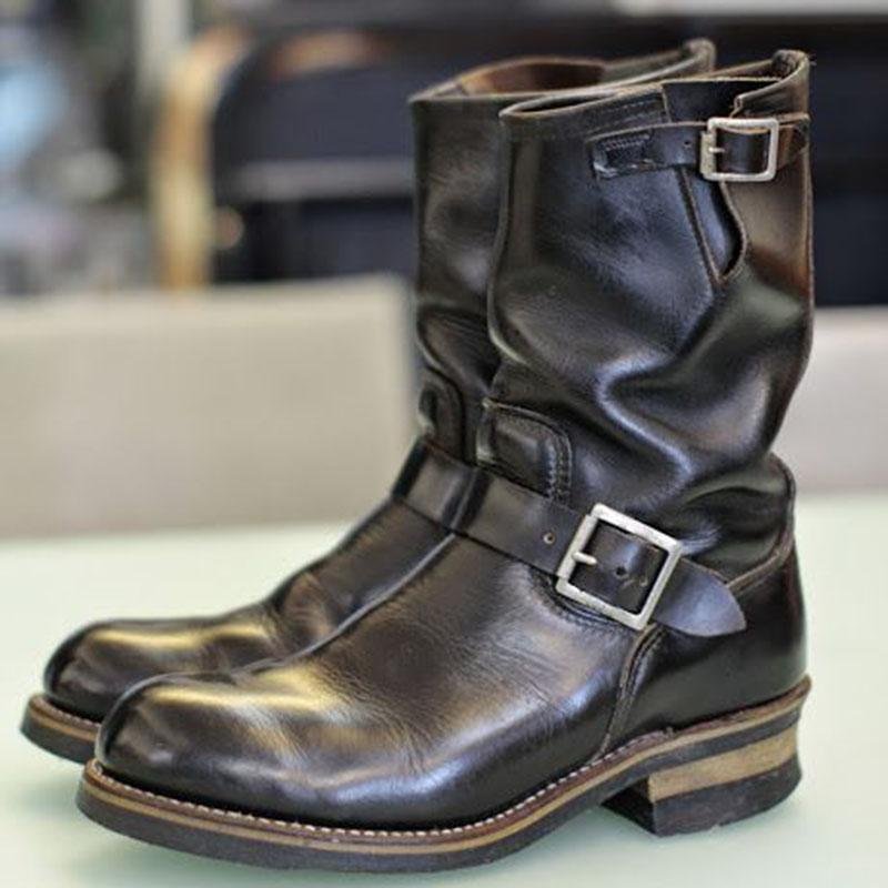 Men's Vintage  Leather Mid Engineer Boots-Corachic