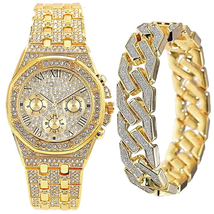 2pcs/set Watch+Bracelet Luxury Iced Out Cuban Quartz Watch for Men