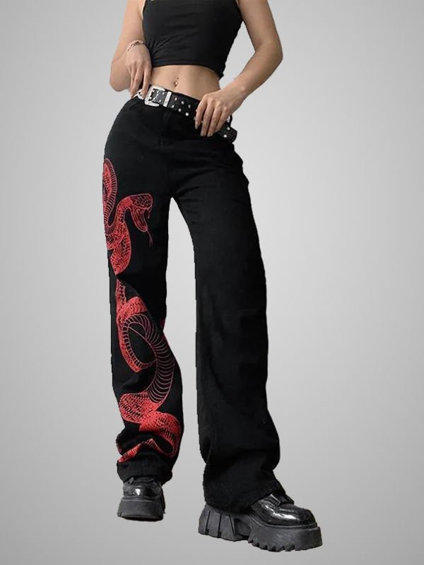 Street Fashion Snake Printed Low Rise Straight Pants