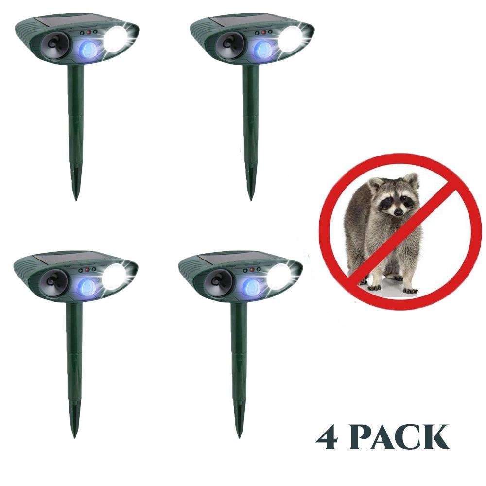 Raccoon Outdoor Ultrasonic Repeller - PACK OF 4 - Solar Powered Ultrasonic Animal & Pest Repellant - Get Rid of Raccoons in 48 Hours or It's FREE - vzzhome