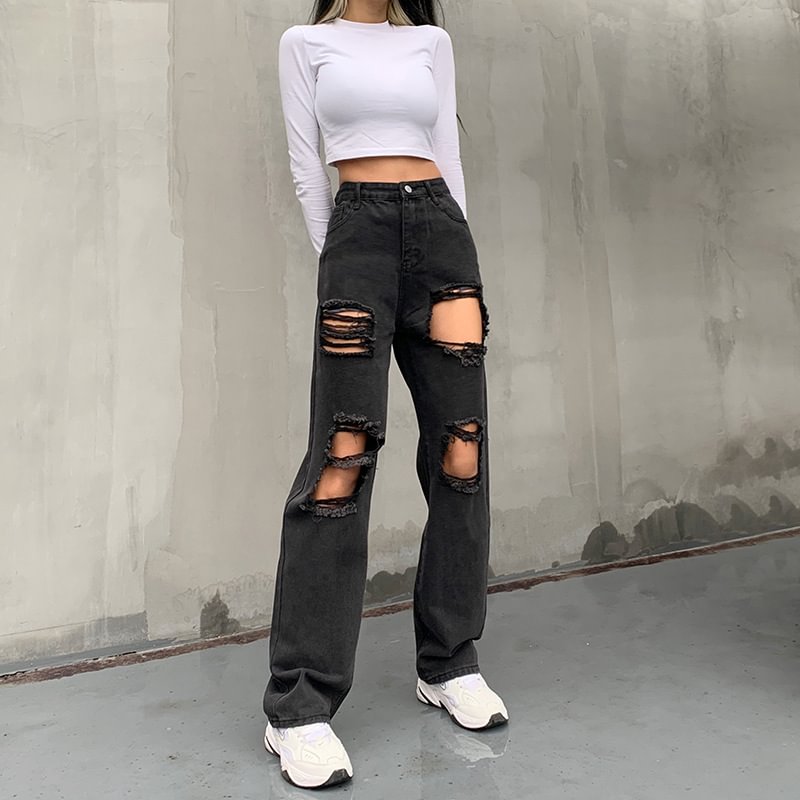 Girl's Black Ripped High-rise Straight-leg Jeans Pants Women