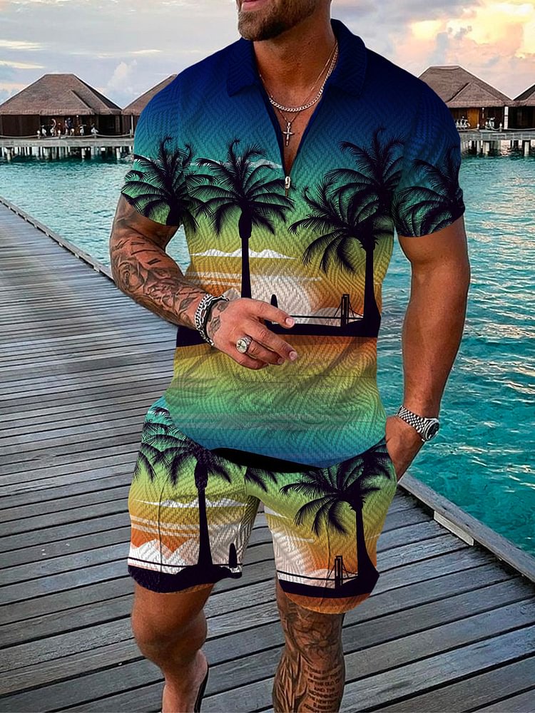 Men's Beach Sunset Coconut Print Polo Suit