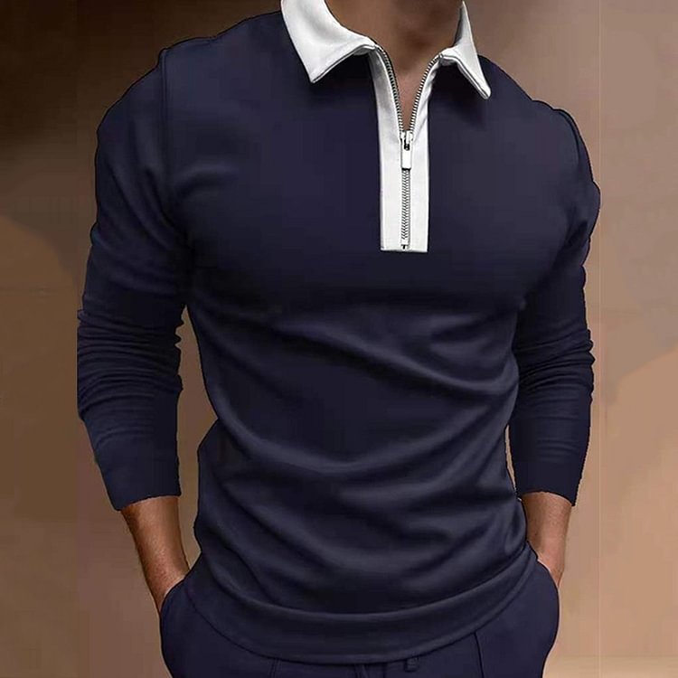 BrosWear Men's Casual Golf Color Block Zipper Collar Long Sleeve Polo Shirt Navy Blue