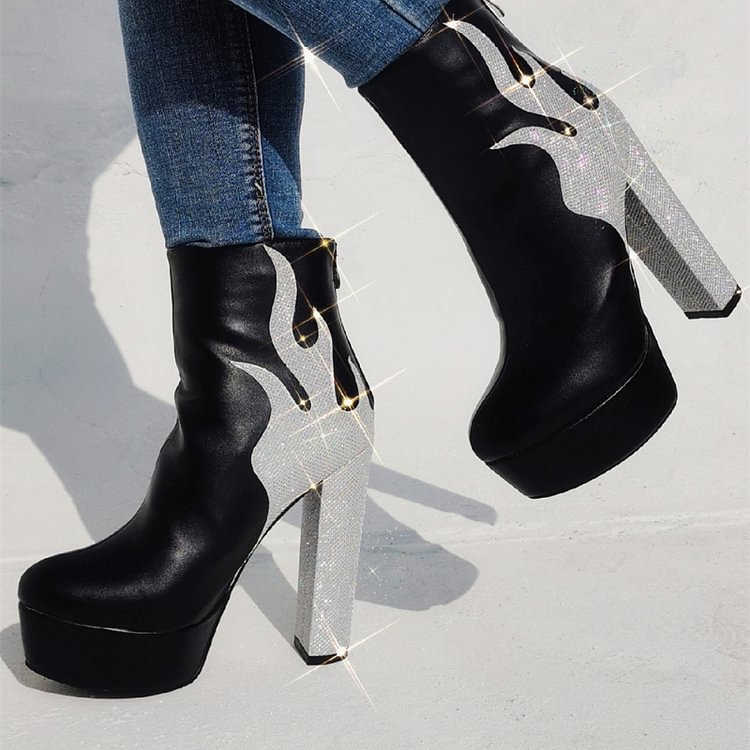 Statement Fire Color Block Platform Square High Heel Pointed Toe Boots