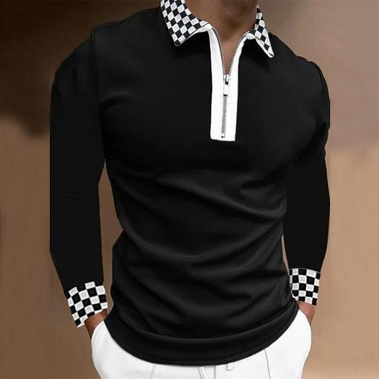 BrosWear Men's Patchwork Lapel Plaid Long Sleeve Polo Shirt Black
