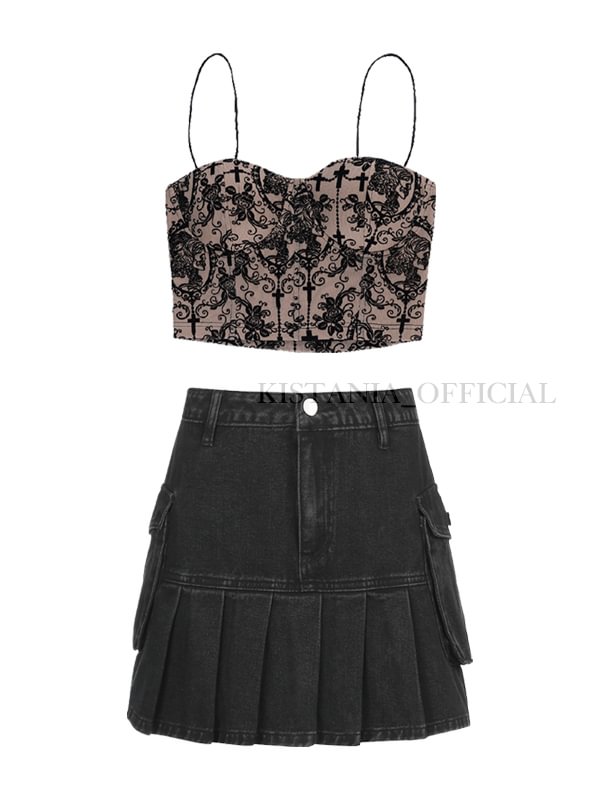 Sexy Bra Flocking Jacquard Lace Cami Top + Pleated Side Pockets Denim Jeans Skirts 2 Pieces Sets