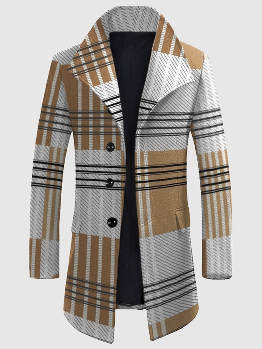 Tiboyz Fashion Men's Lapel Check Print Winter Coat