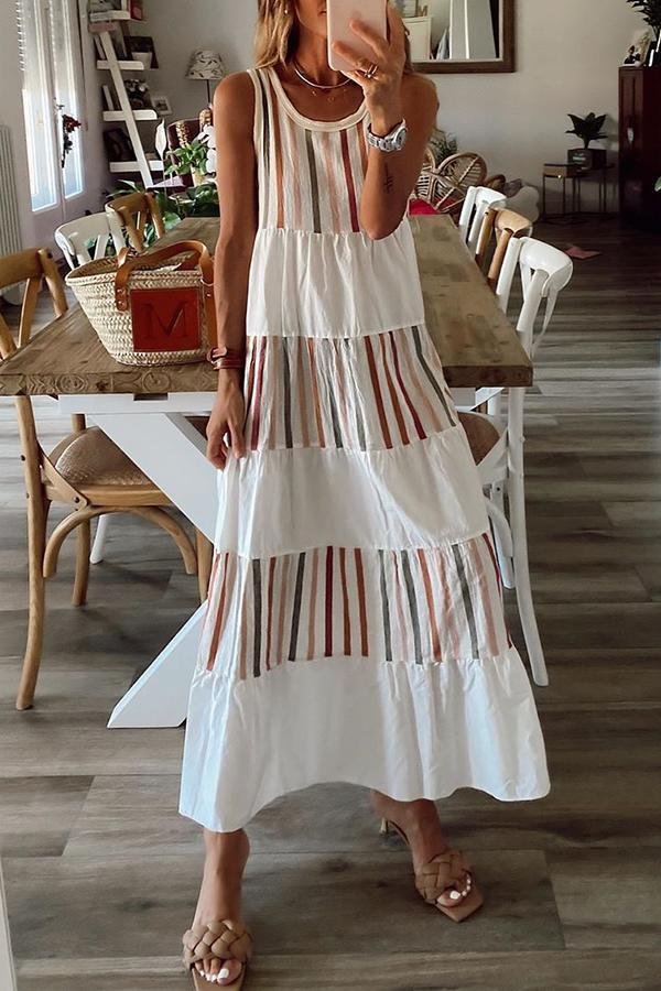 Womens Striped Contrast Color Sleeveless Dress-Allyzone-Allyzone