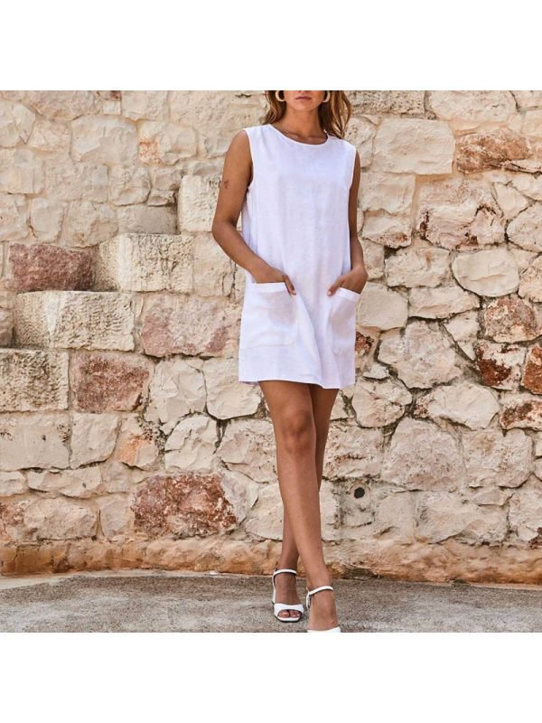 Women's Solid Color Loose Sleeveless Cotton And Linen Casual Dresses