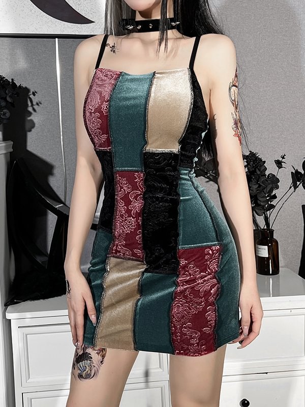 Color Block Paneled Spaghetti Shoulder Straps Bodycon Dress