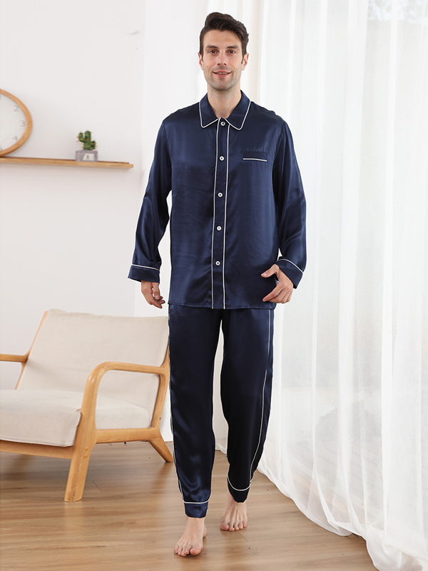 Pyjama en soie homme style chemise Bleu 1