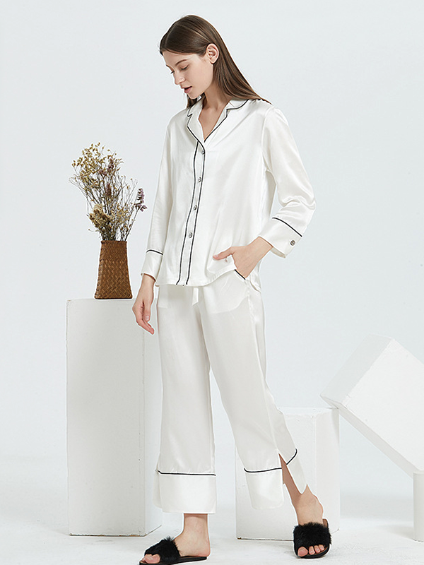High Quality French Design Classic Silk Pajama Set White