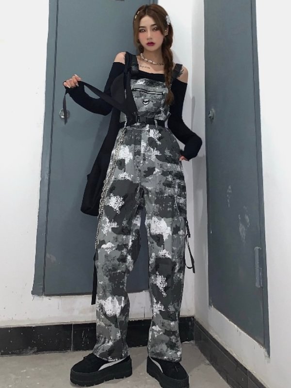 Vintage Tie-dyed Chain-trimmed Loose Overalls