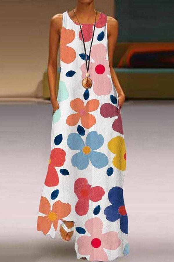 Womens Stylish Cute Big Flower Print Sleeveless Pockets Long Dress-Allyzone-Allyzone